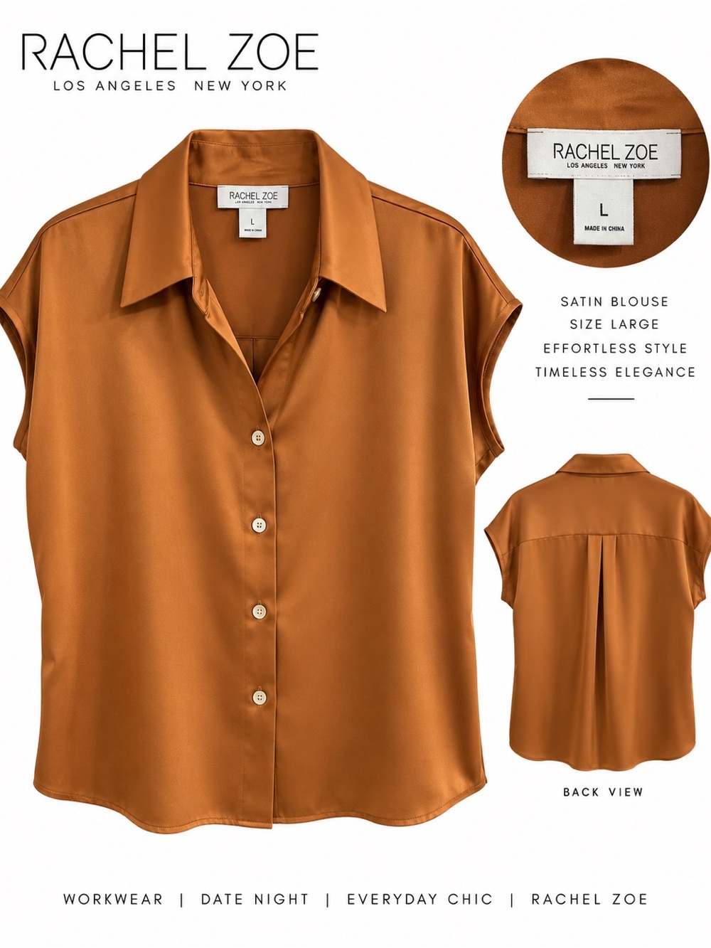 Rachel Zoe Satin Short-Sleeve Button-Front Blouse — Rust Brown